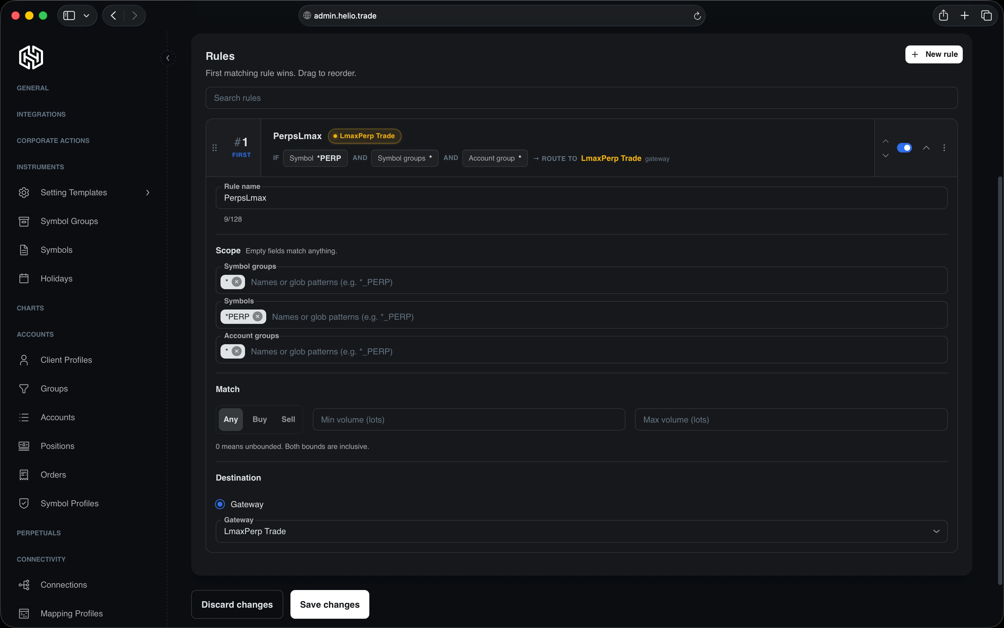 Helio Admin's routing Rules screen: a drag-to-reorder list where the first matching rule wins, with rule #1 scoped to *PERP symbols across all symbol and account groups, matching any direction and volume, routed to the LmaxPerp Trade gateway.