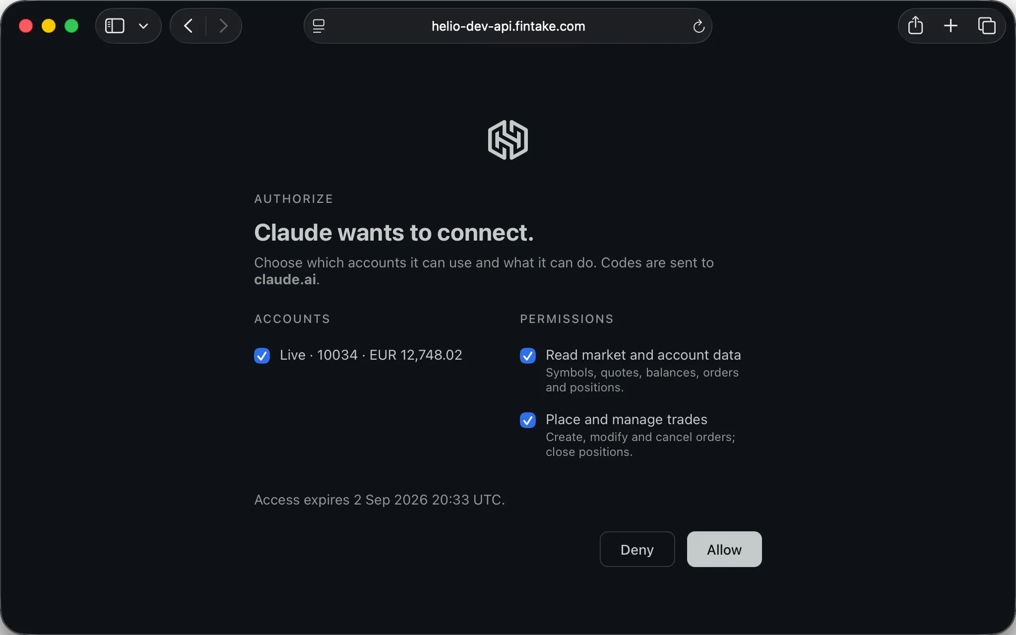 Helio's OAuth consent screen: “Claude wants to connect.”, with a live EUR account selected, separate checkboxes for reading market and account data and for placing and managing trades, an access-expiry date, and Deny and Allow buttons.