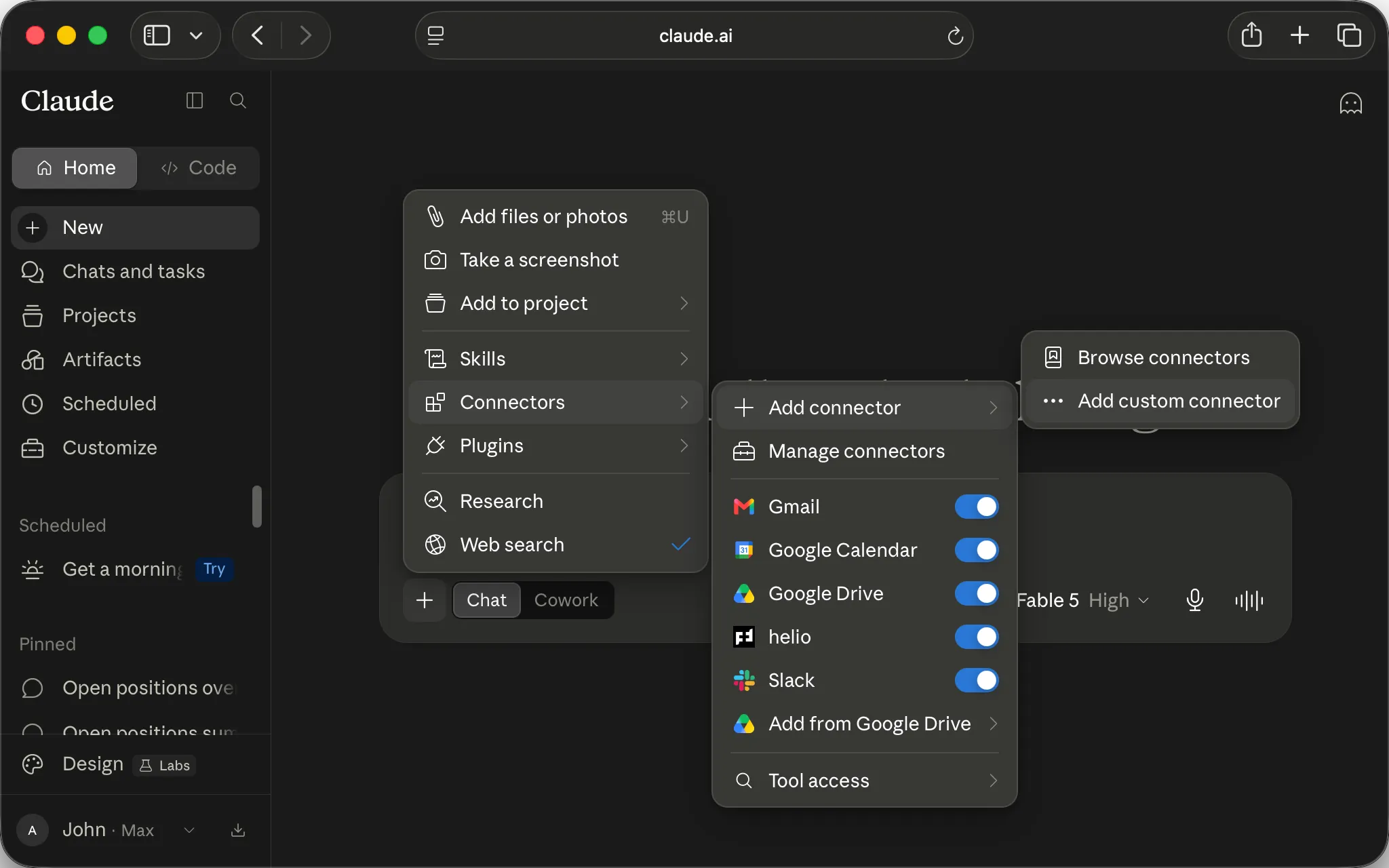 Claude's connector menu open on Add custom connector, with helio listed and enabled alongside Gmail, Google Calendar, Google Drive and Slack.