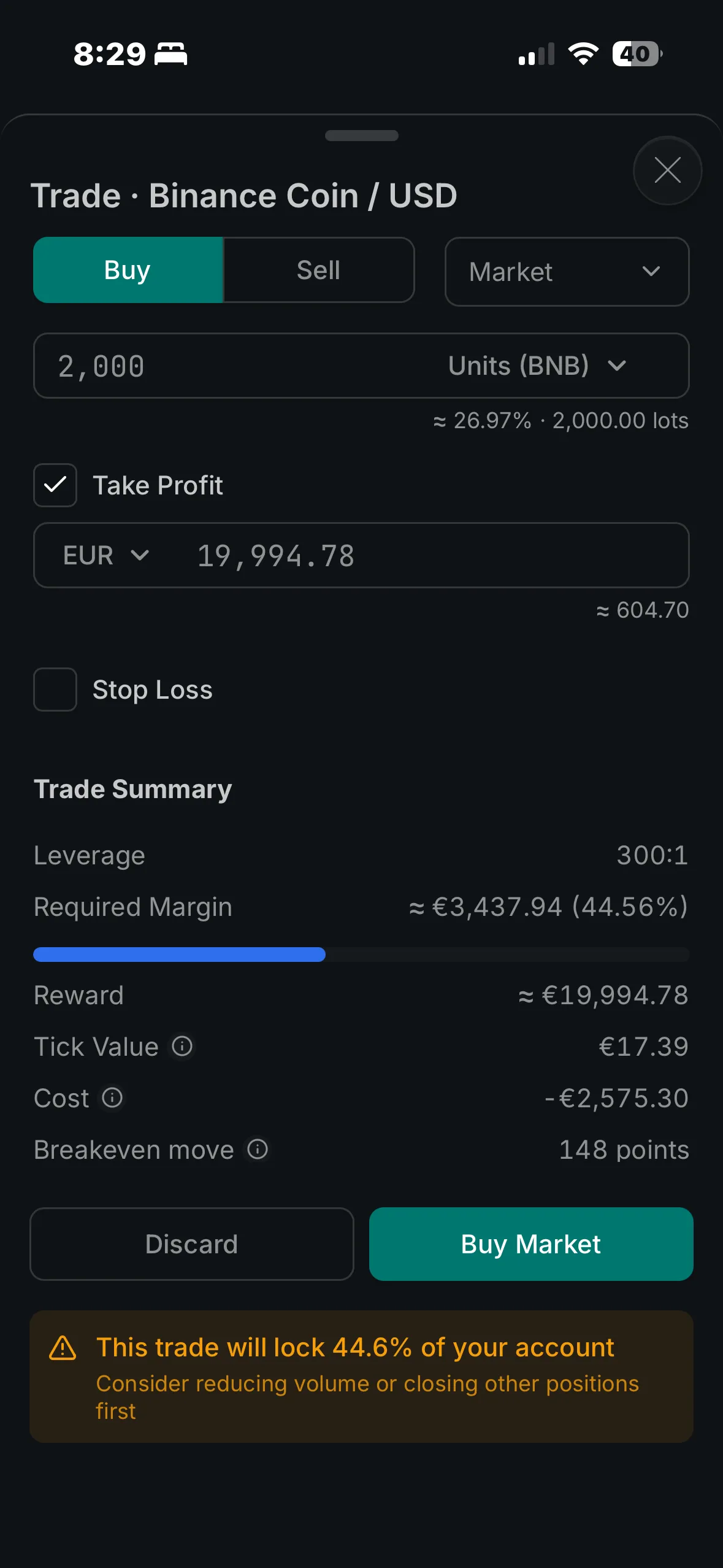 Binance Coin buy ticket with take-profit, leverage, required margin, and a locked-account warning